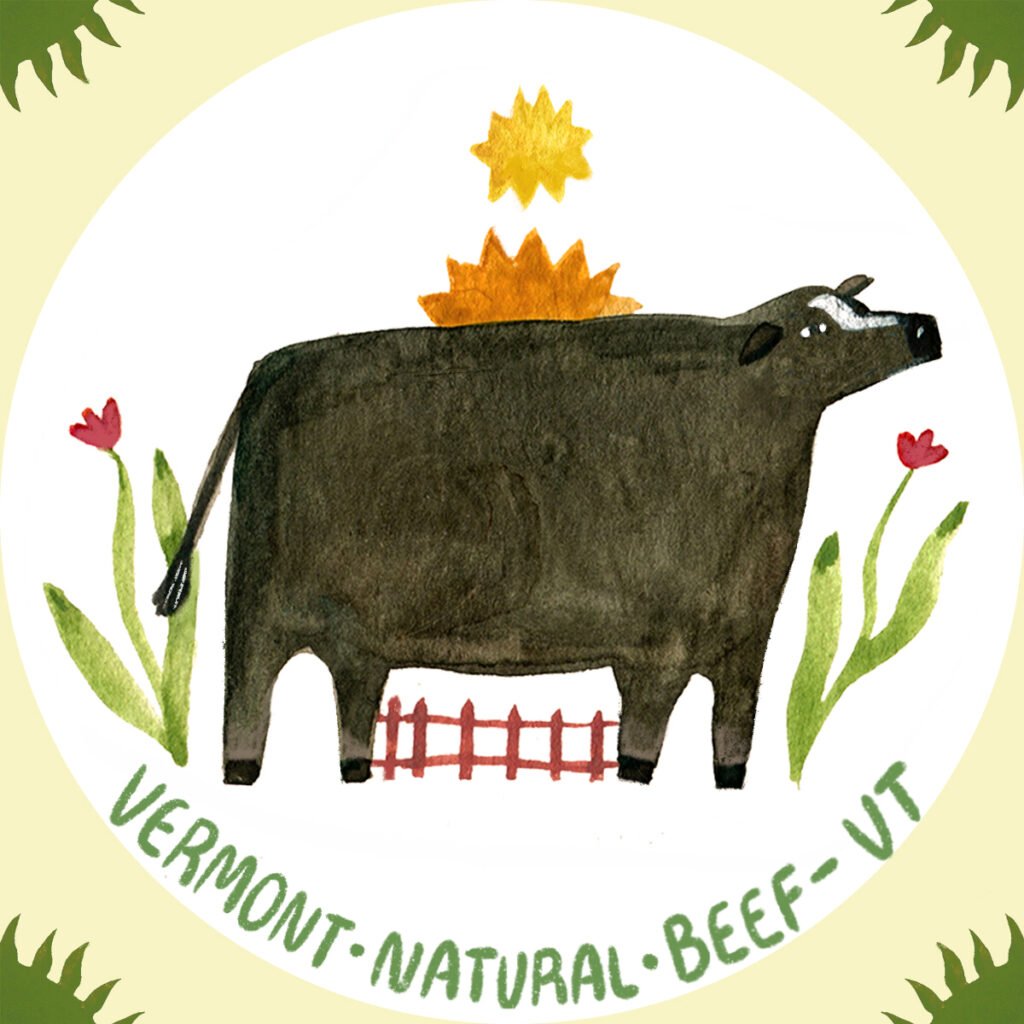 Illustration of a cow with a halo of yellow light, standing on a small fence. Red tulips flank the cow on both sides. The text "Vermont Natural Beef - VT" is below. The background is a circular gradient of light green to dark green.