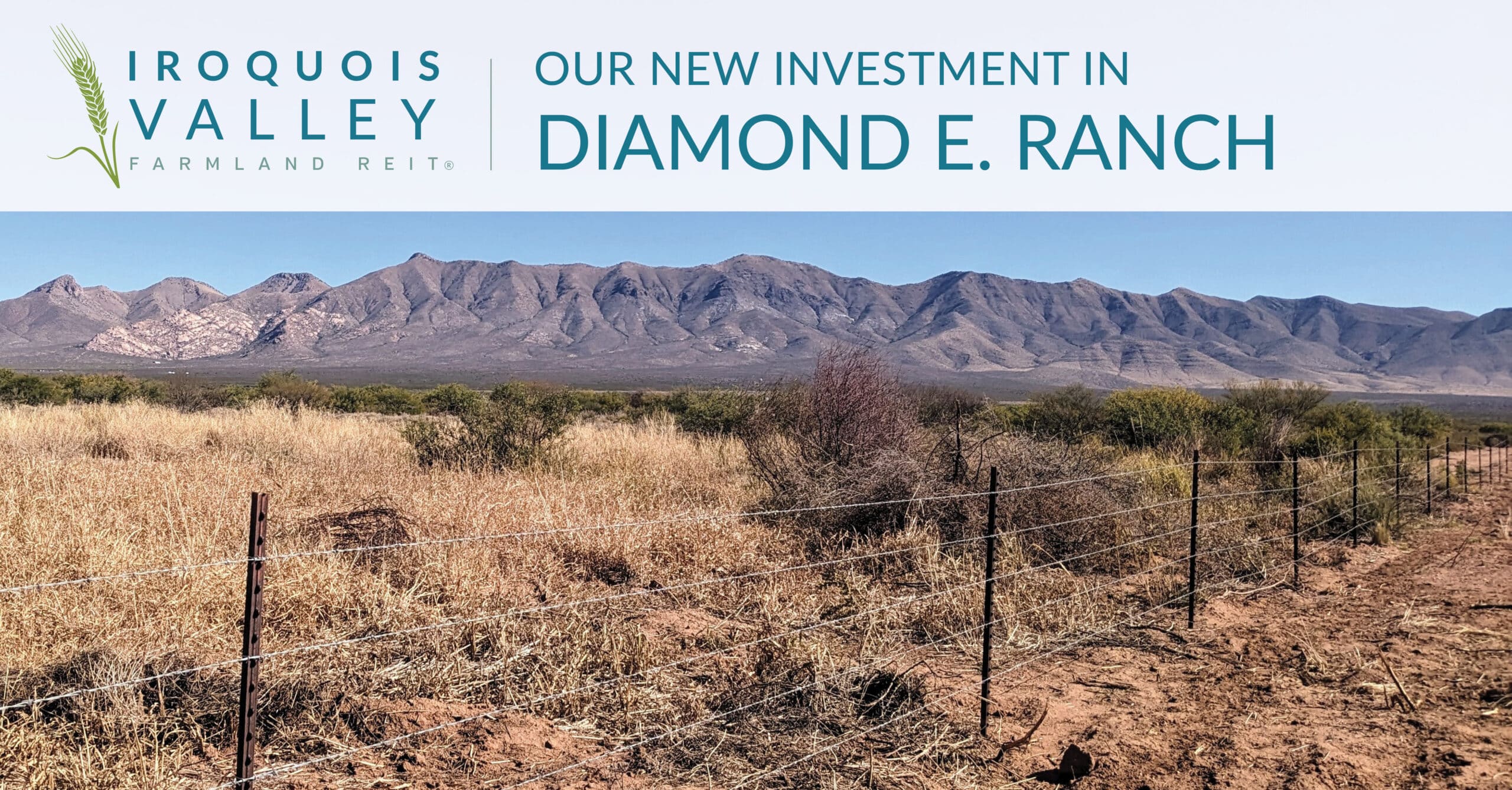 A landscape with a fence in front of dry grass and shrubs, and a mountain range in the distance. The text reads "Amber Farmland Investments's Our New Investment in Diamond E. Ranch, home to premium grass-fed beef.