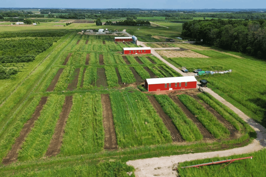 Aerial view of a rural farm with green fields, three long red barns, patches of tilled soil, and surrounding trees. A gravel road runs alongside the barns and fields.