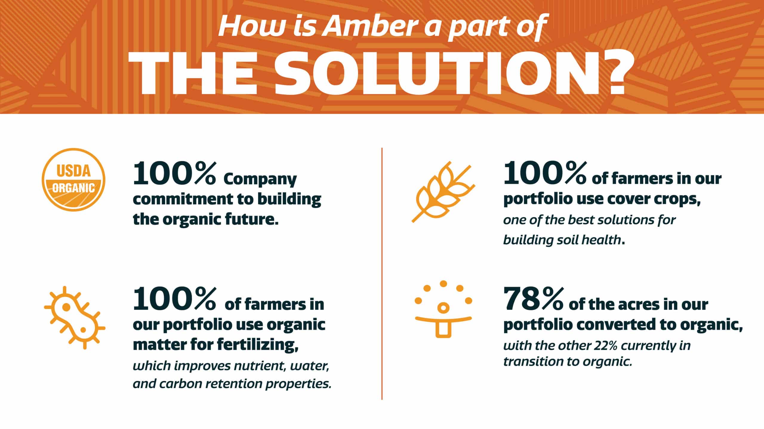 Infographic showing statistics on organic farming: 100% company organic commitment, 100% use of cover crops and organic matter by farmers, and 78% of acres converted to organic, with others transitioning.