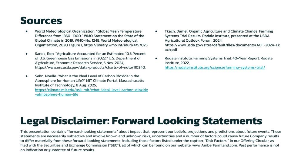 A list of sources citing climate and agriculture data, followed by a legal disclaimer about forward-looking statements, in black text on a white background.