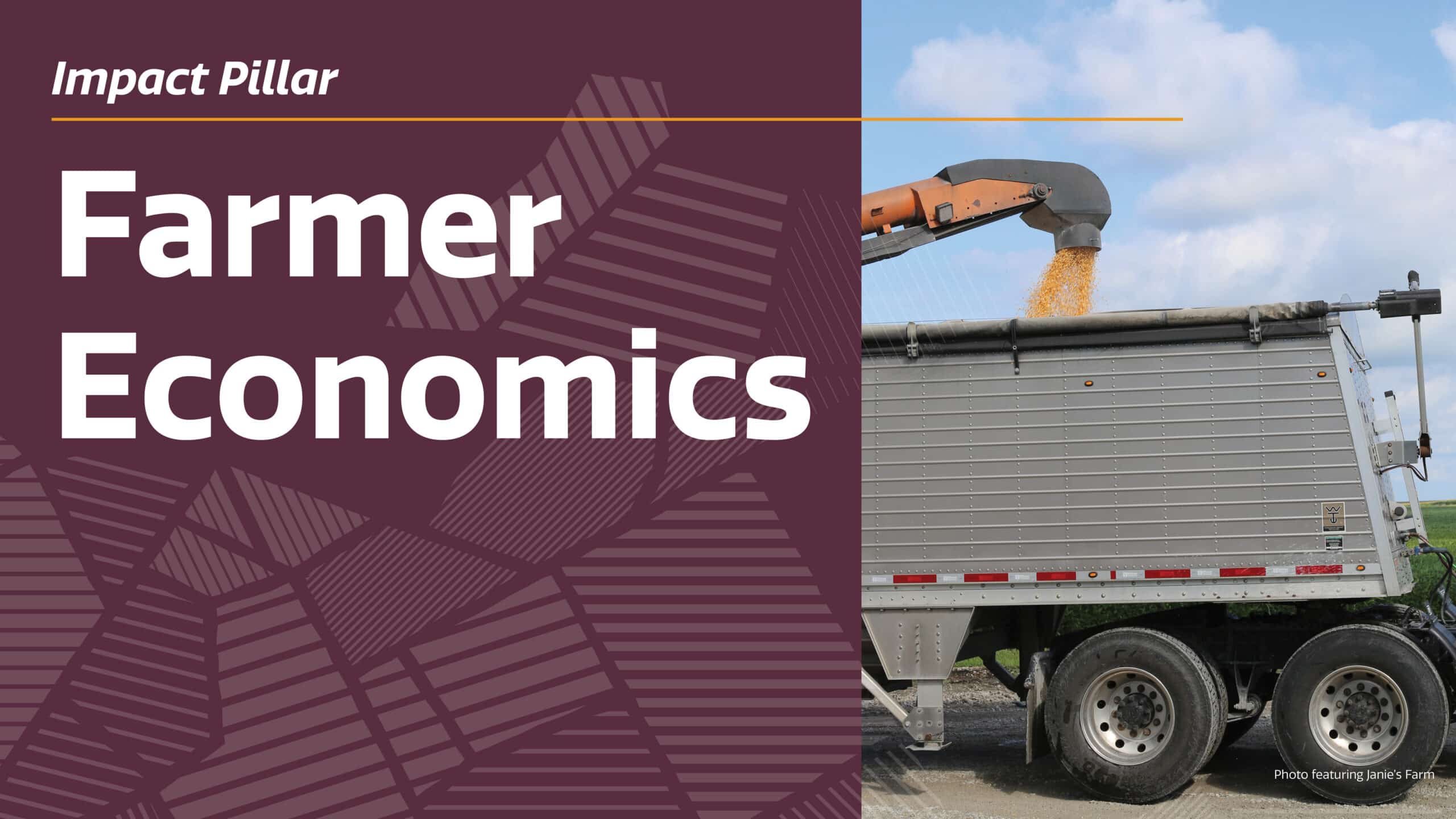 A combine pours harvested corn into a large metal truck; the text reads “Impact Pillar: Farmer Economics” on a maroon background with graphic patterns.