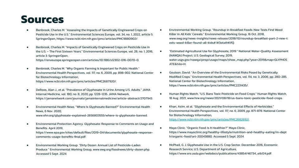 A screenshot of a “Sources” list with citations for articles and reports on genetically engineered crops, pesticides, and environmental health, including hyperlinks and publication details.