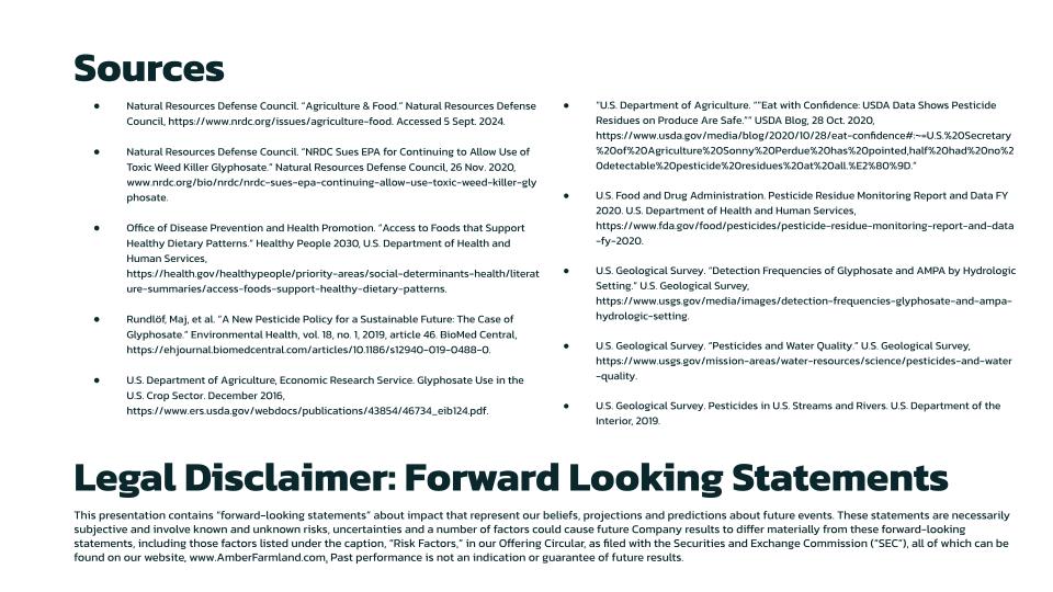 A document page titled “Sources” lists various organizations and references, followed by a “Legal Disclaimer” explaining forward-looking statements. The content is text-based with no images or illustrations.