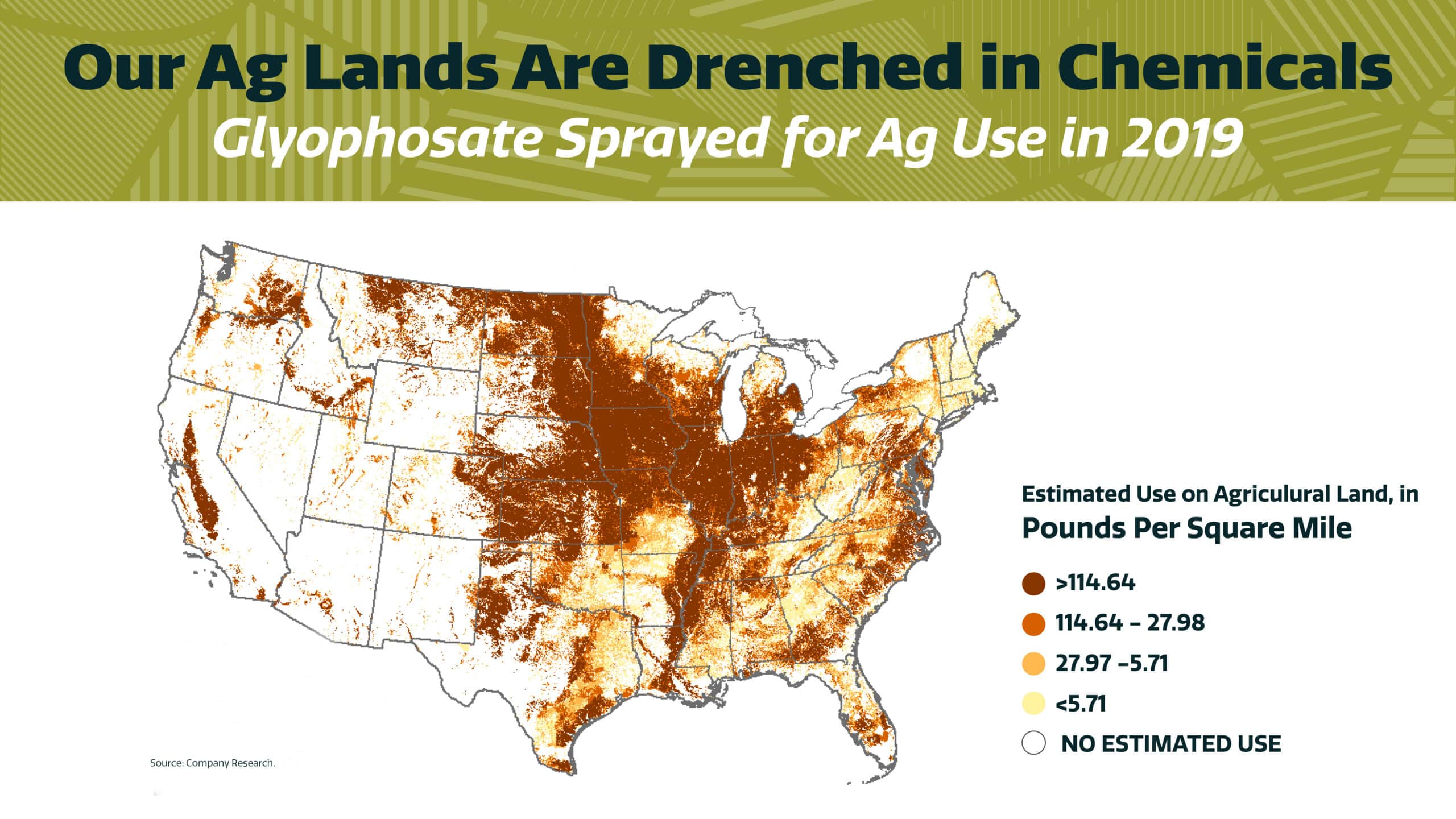 Map of the U.S. shows glyphosate use in 2019 by pounds per square mile, with darker brown areas indicating heavier use, mostly in the Midwest and Southeast, and lighter areas showing less or no use.