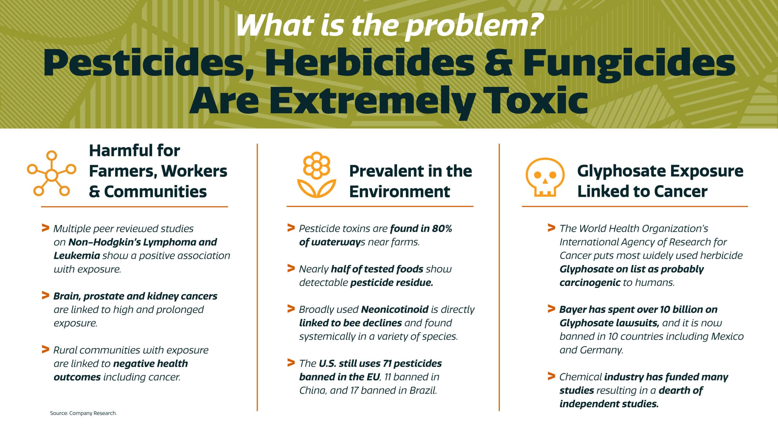 Infographic explaining the dangers of pesticides, herbicides, and fungicides, highlighting health risks, environmental prevalence, and glyphosate’s link to cancer, with supporting facts and statistics, in a green and yellow color scheme.