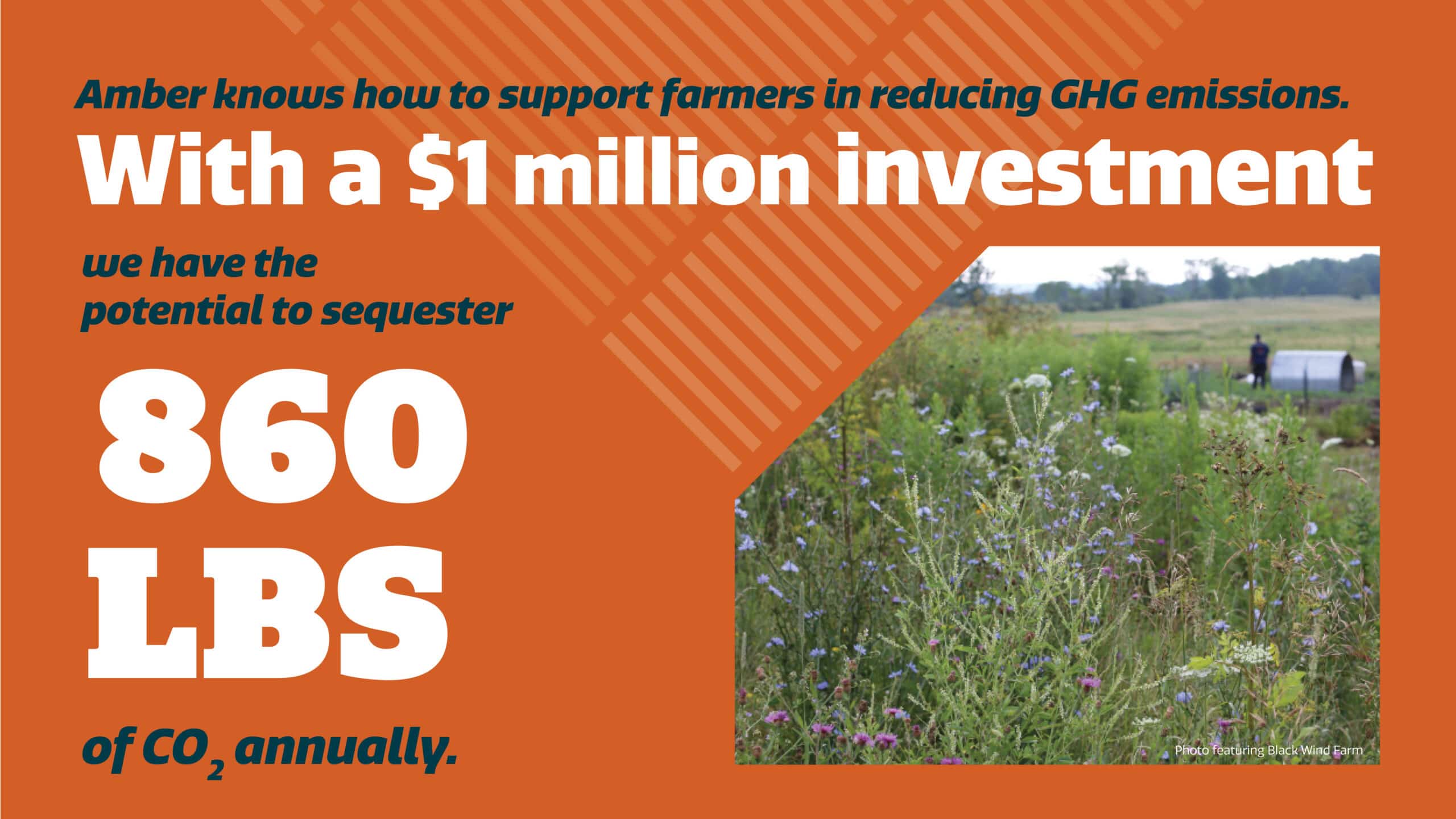 A graphic highlighting that a $1 million investment can help farmers sequester 860 lbs of CO2 annually, with a photo of a grassy field and people working in the background.